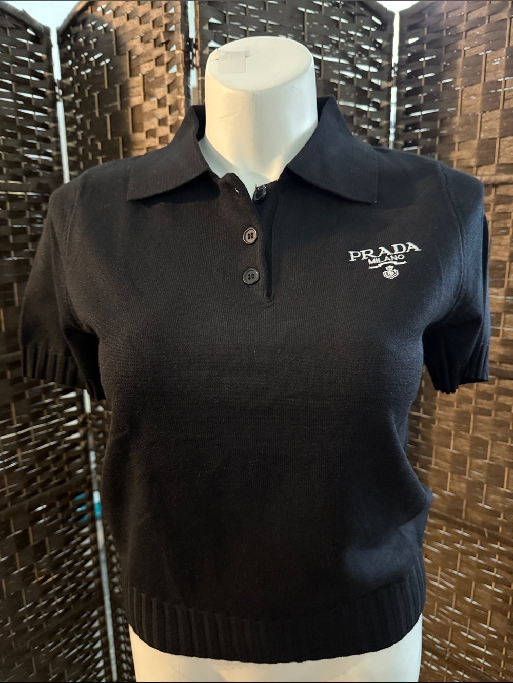 Prada Black Short-Sleeve Polo Knit Top with Logo